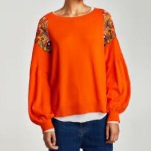 Zara Orange Knit Sweater Embroidered Shoulder Details‎ Women’s Small